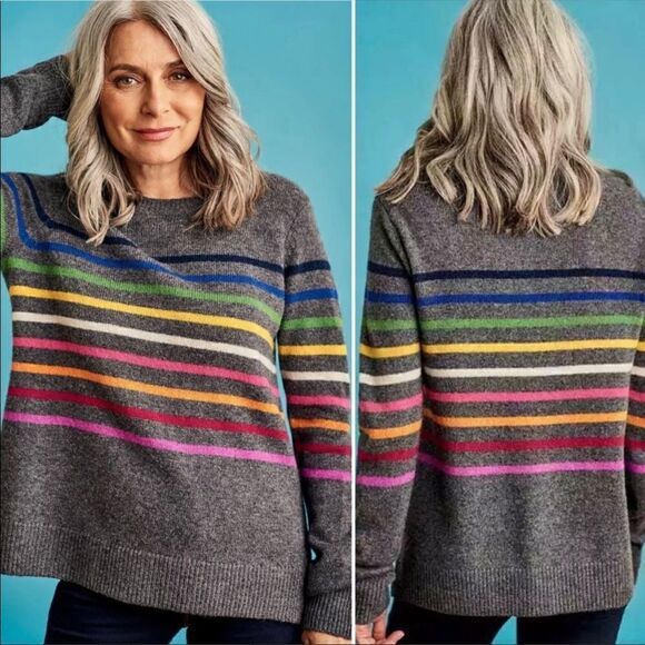 𝅺WOOLOVERS Pure Merino Wool Stripe Jumper Sweater Rainbow Stripe Multicolor NWT - Picture 1 of 14